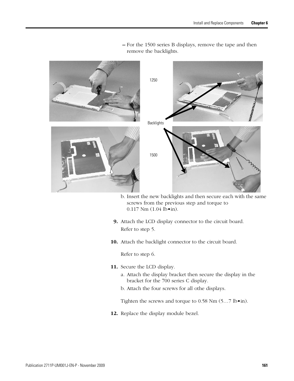 Secure the lcd display, B. attach the four screws for all othe displays, Replace the display module bezel | Rockwell Automation 2711P PanelView Plus Terminal User Manual User Manual | Page 161 / 246