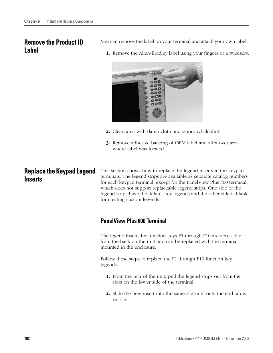 Remove the product id label, Clean area with damp cloth and isopropyl alcohol, Replace the keypad legend inserts | Panelview plus 600 terminal | Rockwell Automation 2711P PanelView Plus Terminal User Manual User Manual | Page 162 / 246