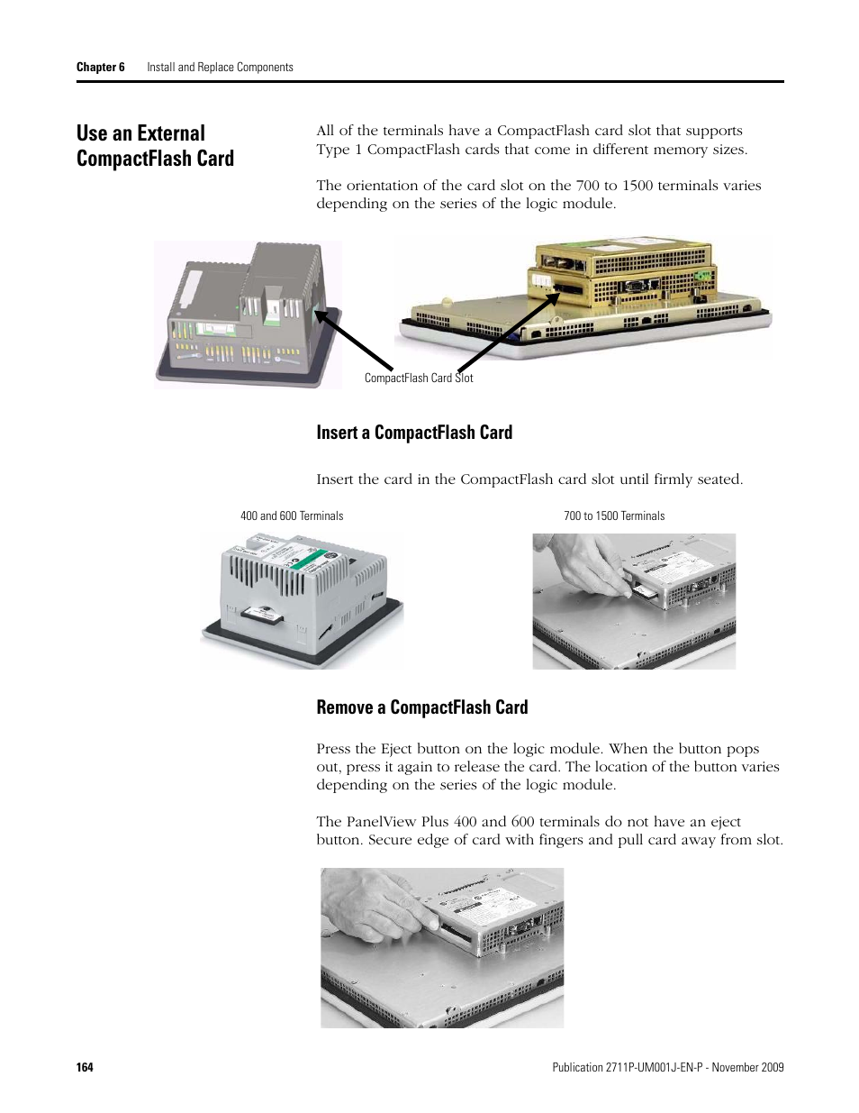 Use an external compactflash card, Insert a compactflash card, Remove a compactflash card | Rockwell Automation 2711P PanelView Plus Terminal User Manual User Manual | Page 164 / 246