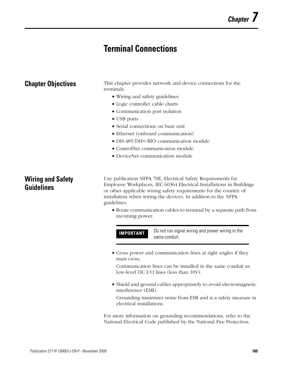 7 - terminal connections, Terminal connections, Chapter objectives | Wiring and safety guidelines, Chapter 7, Chapter objectives wiring and safety guidelines, Chapter | Rockwell Automation 2711P PanelView Plus Terminal User Manual User Manual | Page 165 / 246