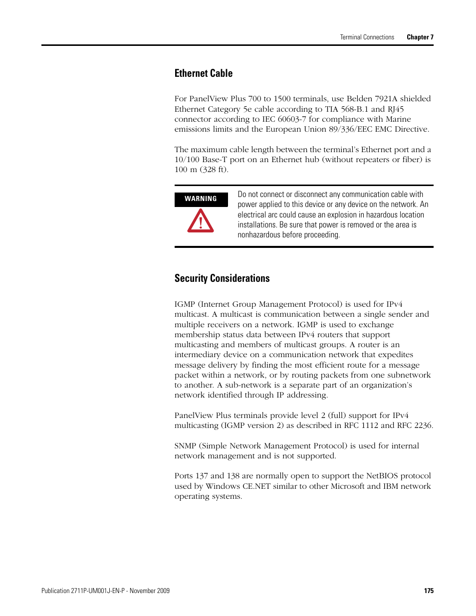 Ethernet cable, Security considerations | Rockwell Automation 2711P PanelView Plus Terminal User Manual User Manual | Page 175 / 246