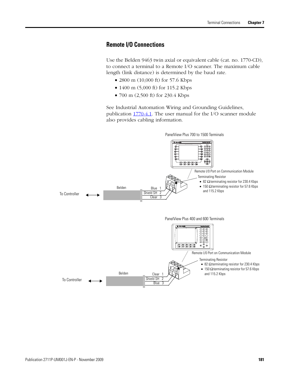 Remote i/o connections | Rockwell Automation 2711P PanelView Plus Terminal User Manual User Manual | Page 181 / 246