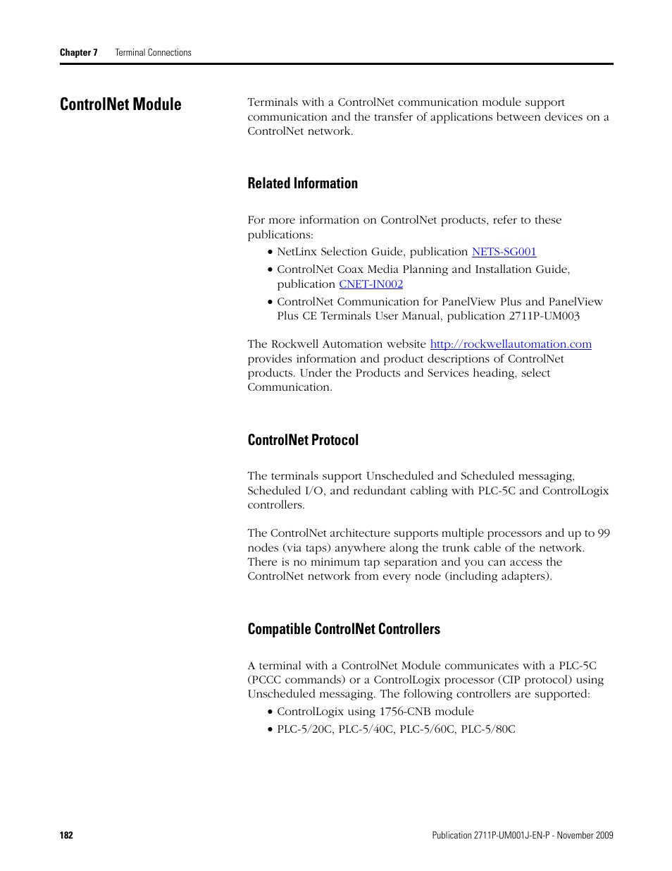 Controlnet module, Related information, Controlnet protocol | Compatible controlnet controllers | Rockwell Automation 2711P PanelView Plus Terminal User Manual User Manual | Page 182 / 246