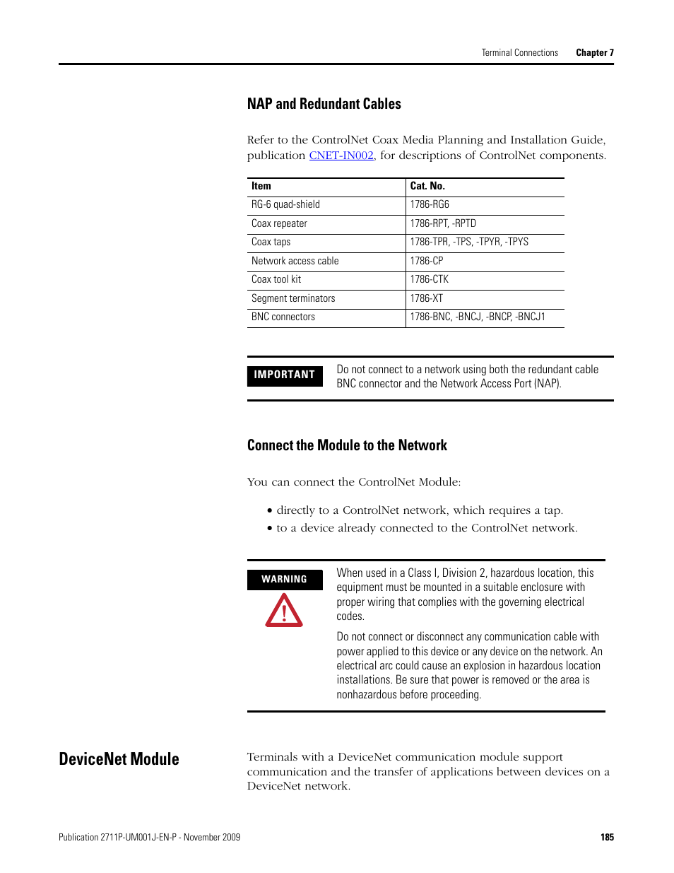 Nap and redundant cables, Connect the module to the network, Devicenet module | Rockwell Automation 2711P PanelView Plus Terminal User Manual User Manual | Page 185 / 246