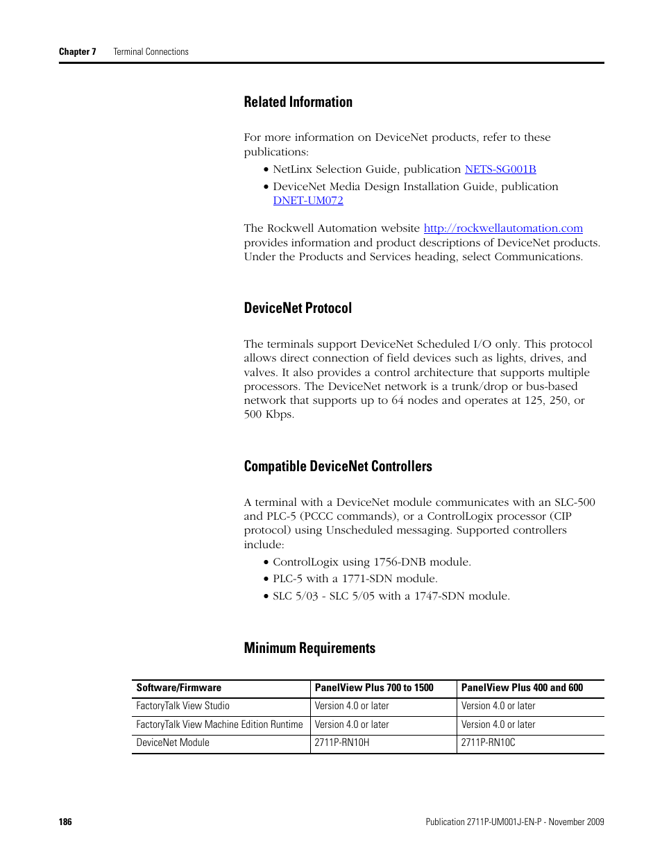 Related information, Devicenet protocol, Compatible devicenet controllers | Minimum requirements | Rockwell Automation 2711P PanelView Plus Terminal User Manual User Manual | Page 186 / 246