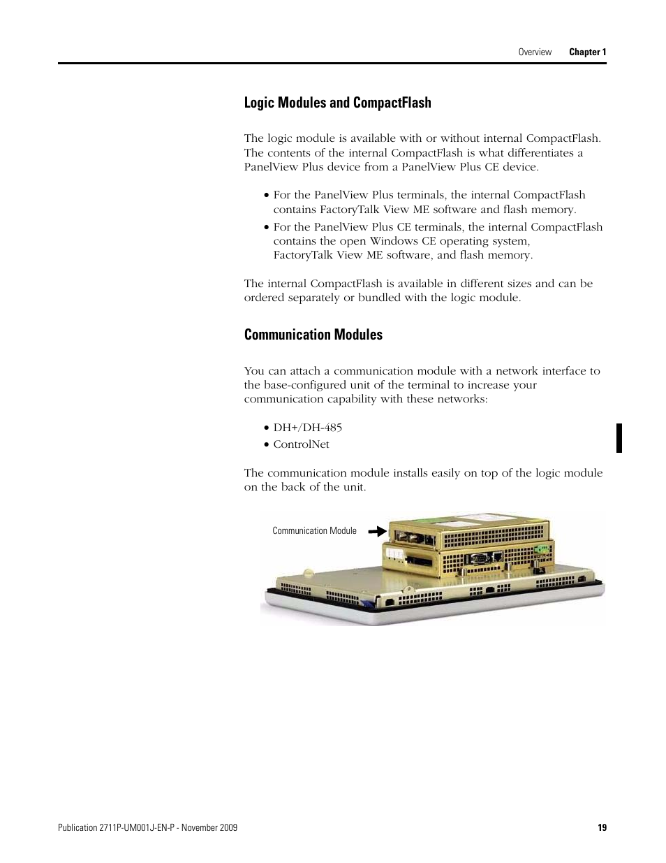 Logic modules and compactflash, Communication modules | Rockwell Automation 2711P PanelView Plus Terminal User Manual User Manual | Page 19 / 246