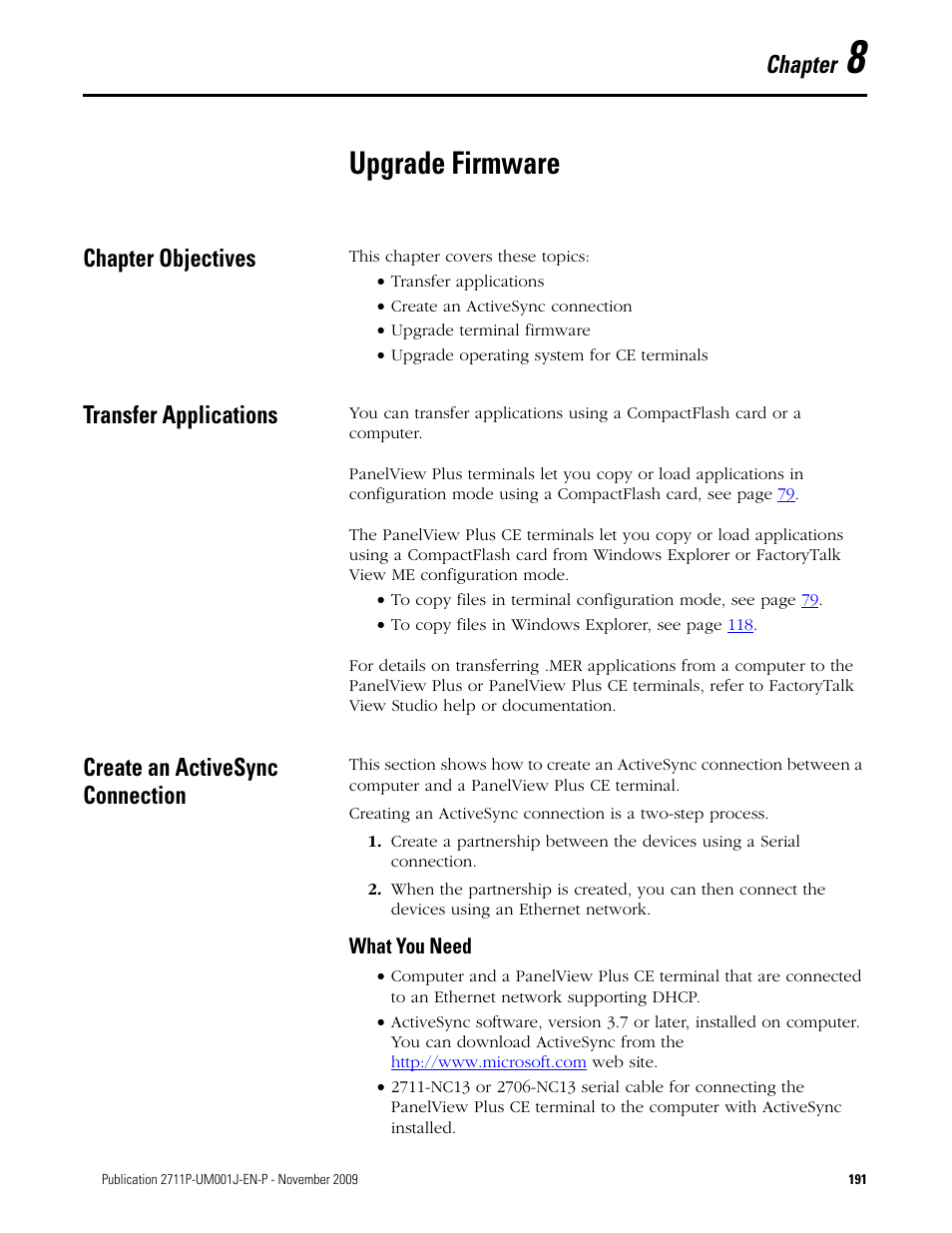 8 - firmware upgrade, Upgrade firmware, Chapter objectives | Transfer applications, Create an activesync connection, What you need, Chapter 8, Chapter | Rockwell Automation 2711P PanelView Plus Terminal User Manual User Manual | Page 191 / 246