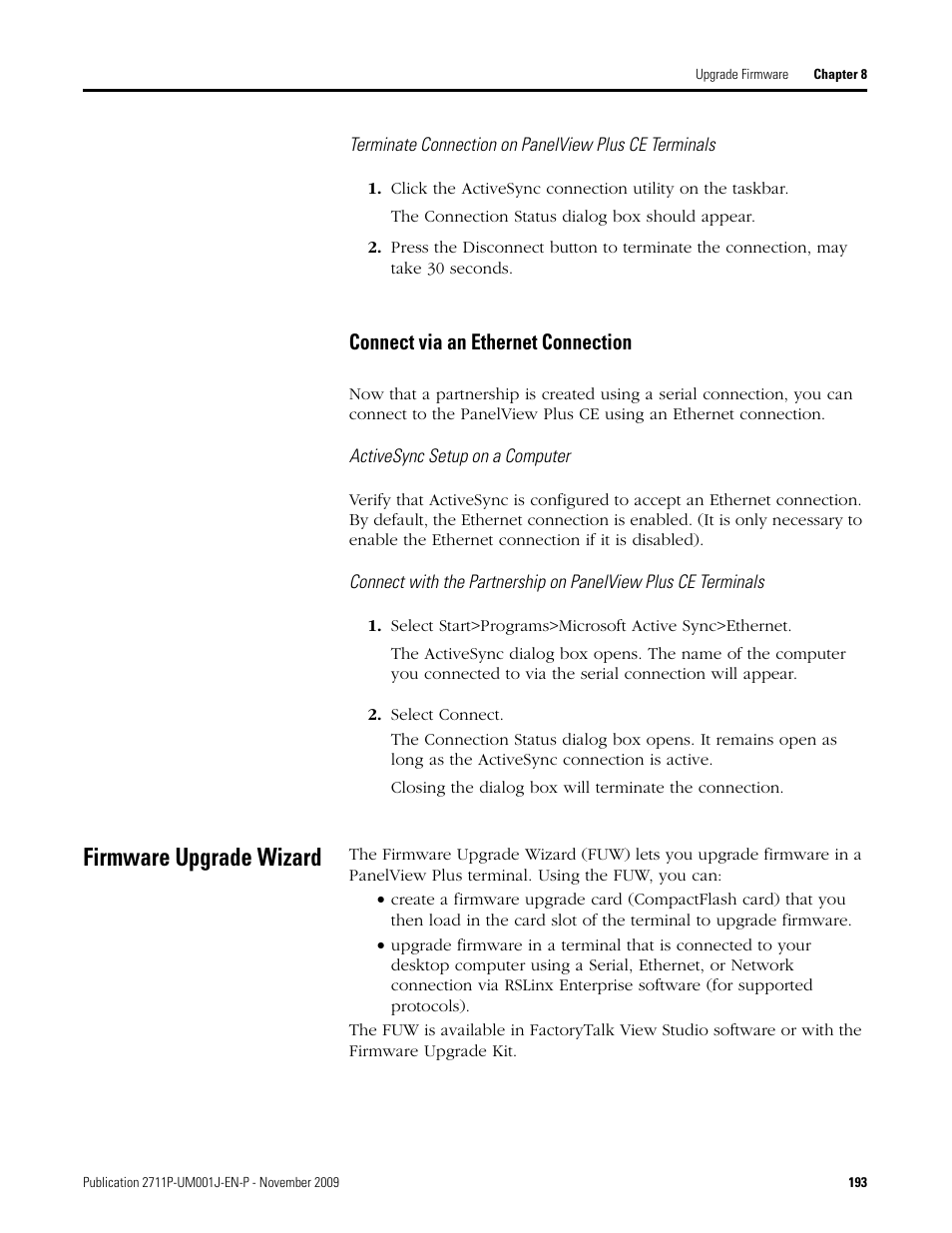 Connect via an ethernet connection, Activesync setup on a computer, Select connect | Firmware upgrade wizard | Rockwell Automation 2711P PanelView Plus Terminal User Manual User Manual | Page 193 / 246