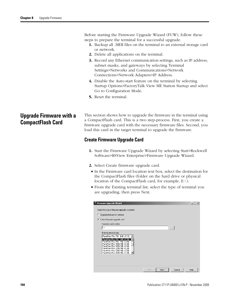 Delete all applications on the terminal, Reset the terminal, Upgrade firmware with a compactflash card | Create firmware upgrade card, Select create firmware upgrade card | Rockwell Automation 2711P PanelView Plus Terminal User Manual User Manual | Page 194 / 246