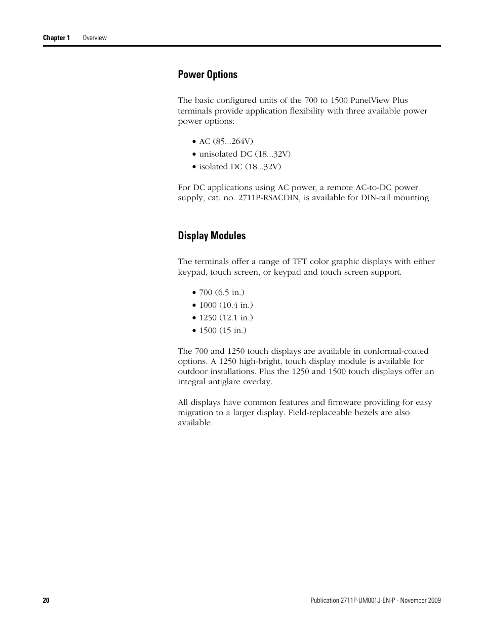 Power options, Display modules | Rockwell Automation 2711P PanelView Plus Terminal User Manual User Manual | Page 20 / 246