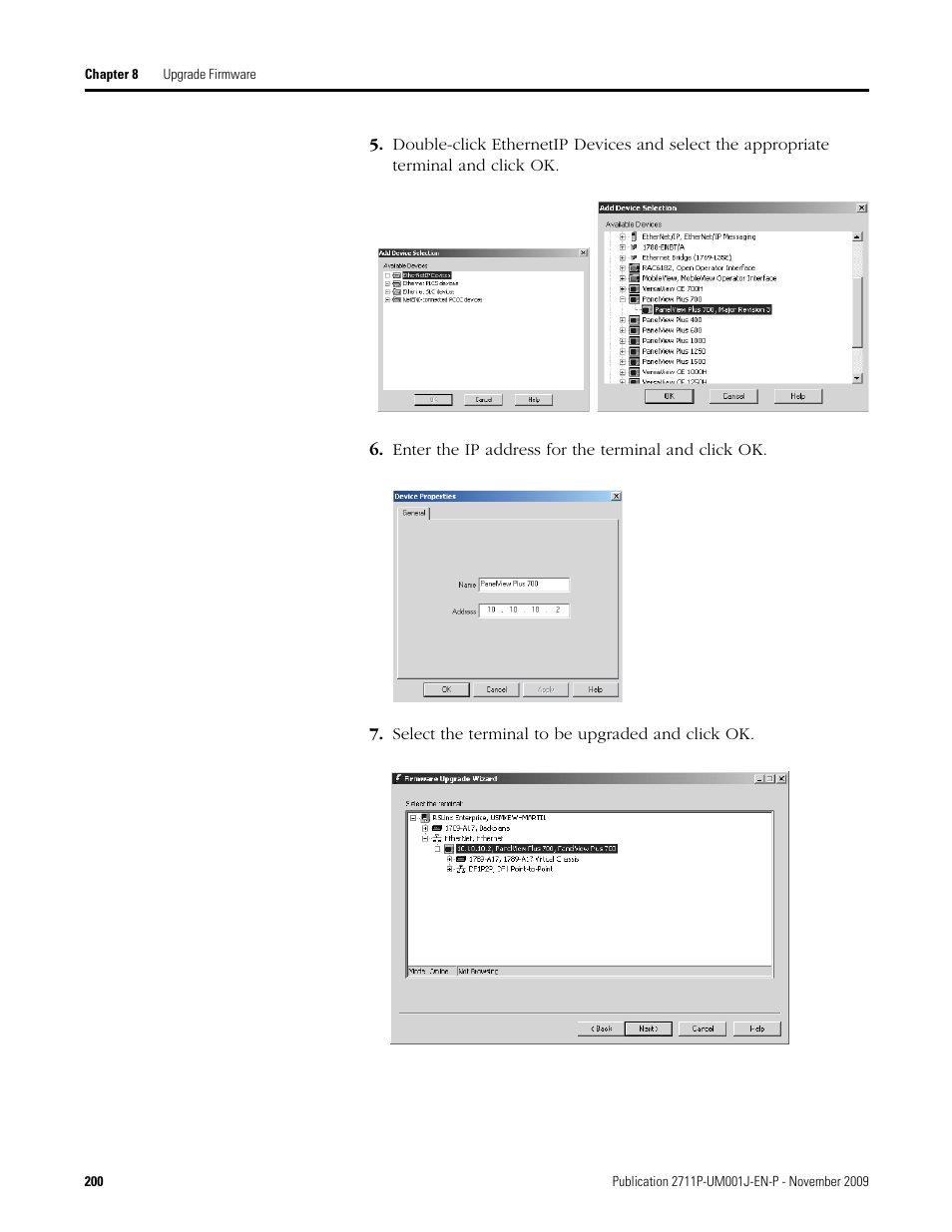 Enter the ip address for the terminal and click ok, Select the terminal to be upgraded and click ok | Rockwell Automation 2711P PanelView Plus Terminal User Manual User Manual | Page 200 / 246