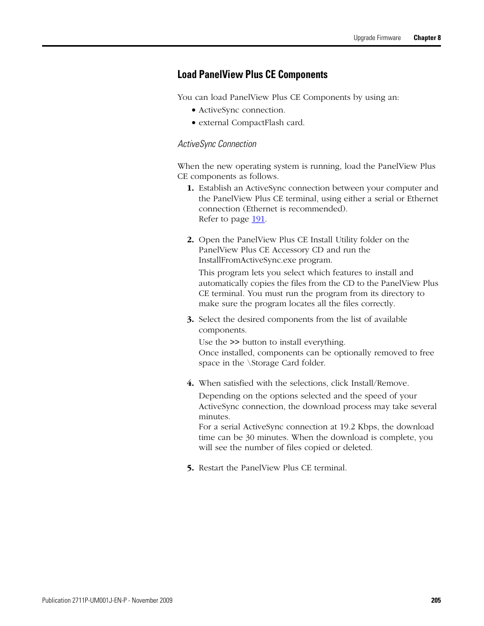 Load panelview plus ce components, Activesync connection, Restart the panelview plus ce terminal | Rockwell Automation 2711P PanelView Plus Terminal User Manual User Manual | Page 205 / 246