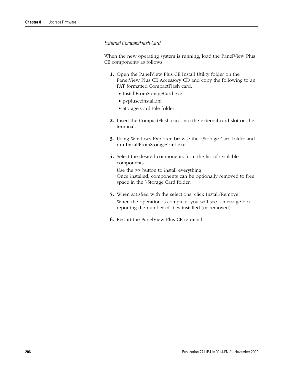 External compactflash card, Restart the panelview plus ce terminal | Rockwell Automation 2711P PanelView Plus Terminal User Manual User Manual | Page 206 / 246