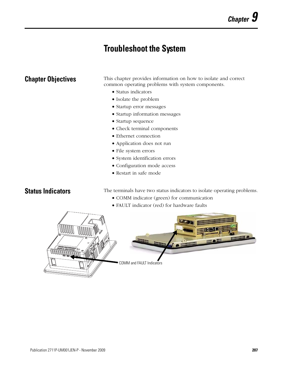 9 - troubleshoot the system, Troubleshoot the system, Chapter objectives | Status indicators, Chapter 9, Chapter objectives status indicators, Refer to, Chapter | Rockwell Automation 2711P PanelView Plus Terminal User Manual User Manual | Page 207 / 246