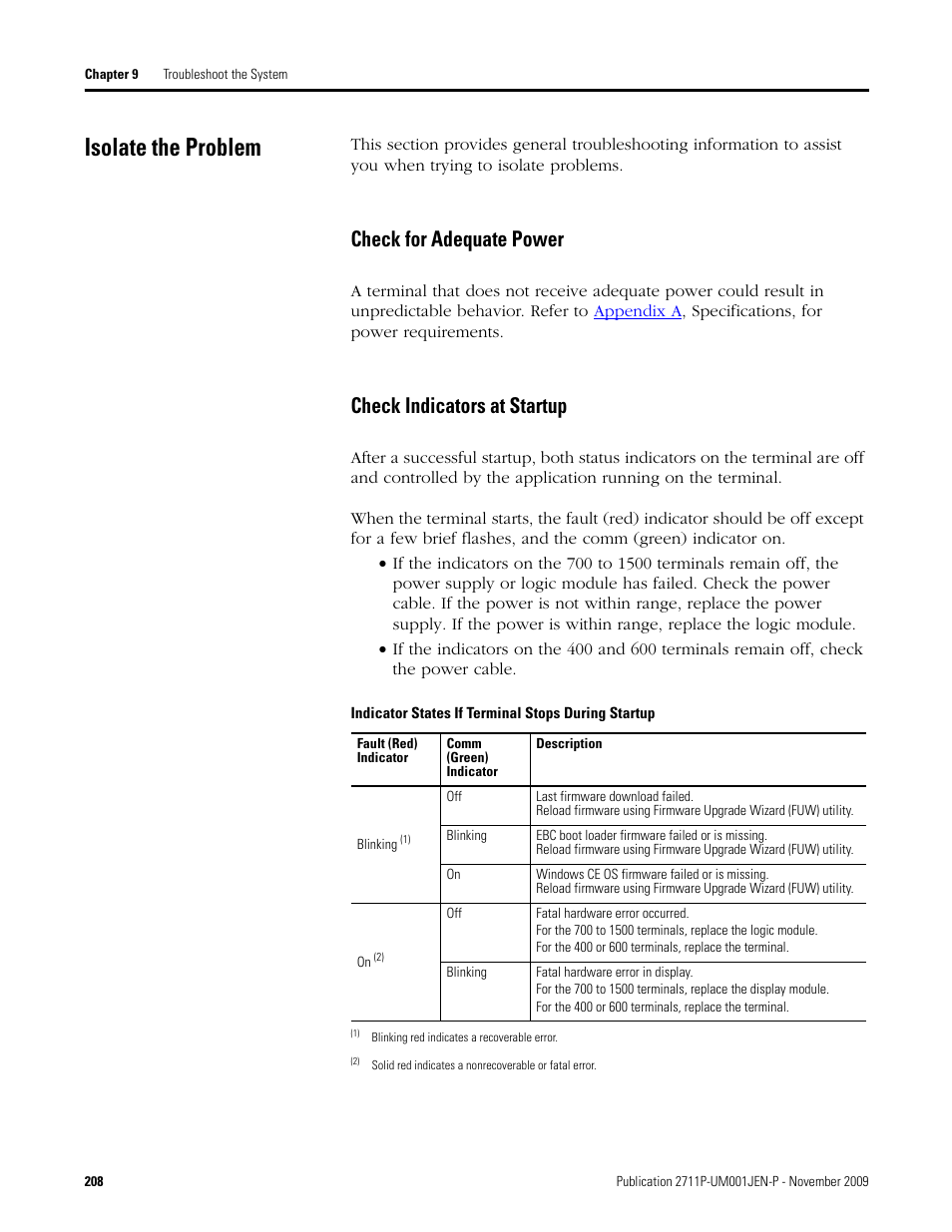 Isolate the problem, Check for adequate power, Check indicators at startup | Rockwell Automation 2711P PanelView Plus Terminal User Manual User Manual | Page 208 / 246