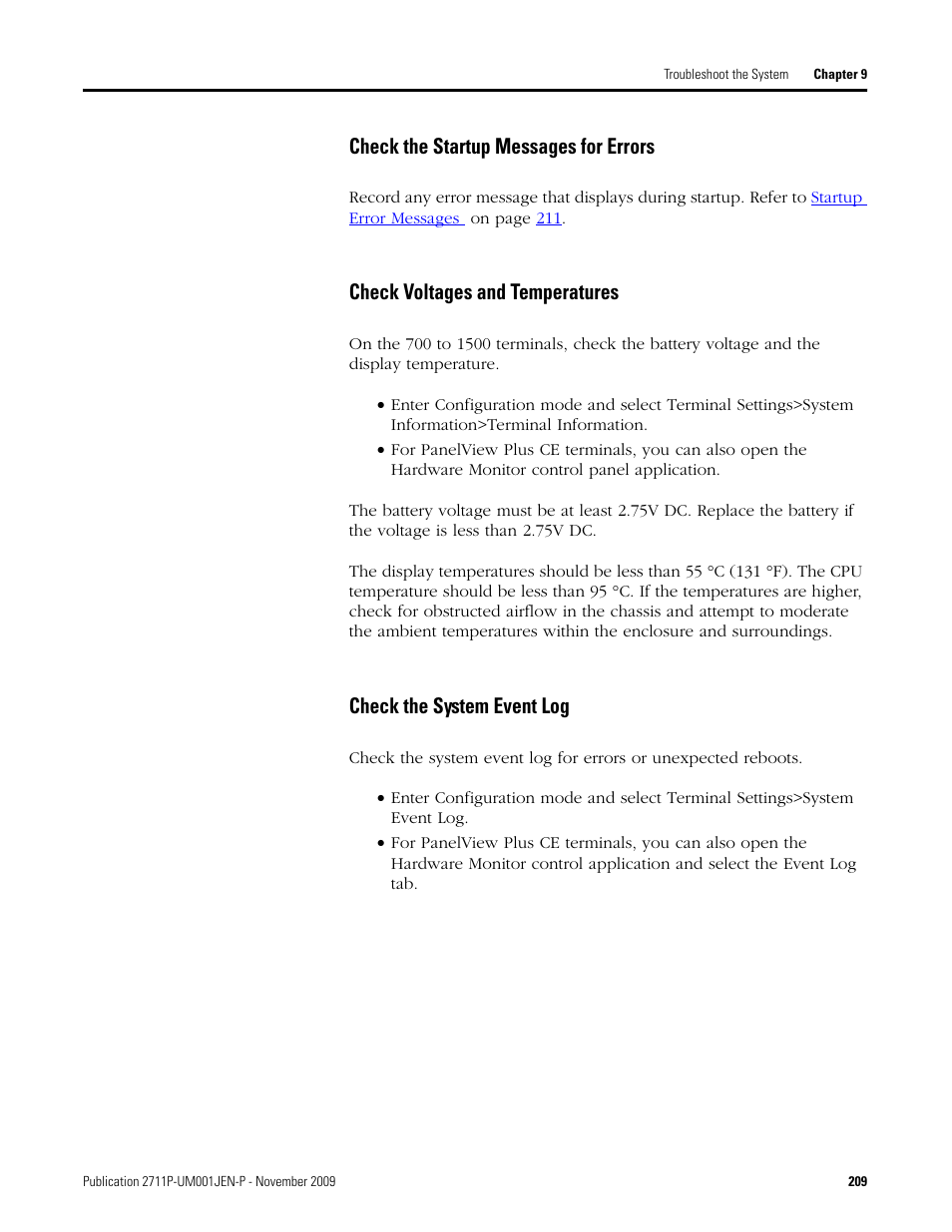 Check the startup messages for errors, Check voltages and temperatures, Check the system event log | Rockwell Automation 2711P PanelView Plus Terminal User Manual User Manual | Page 209 / 246