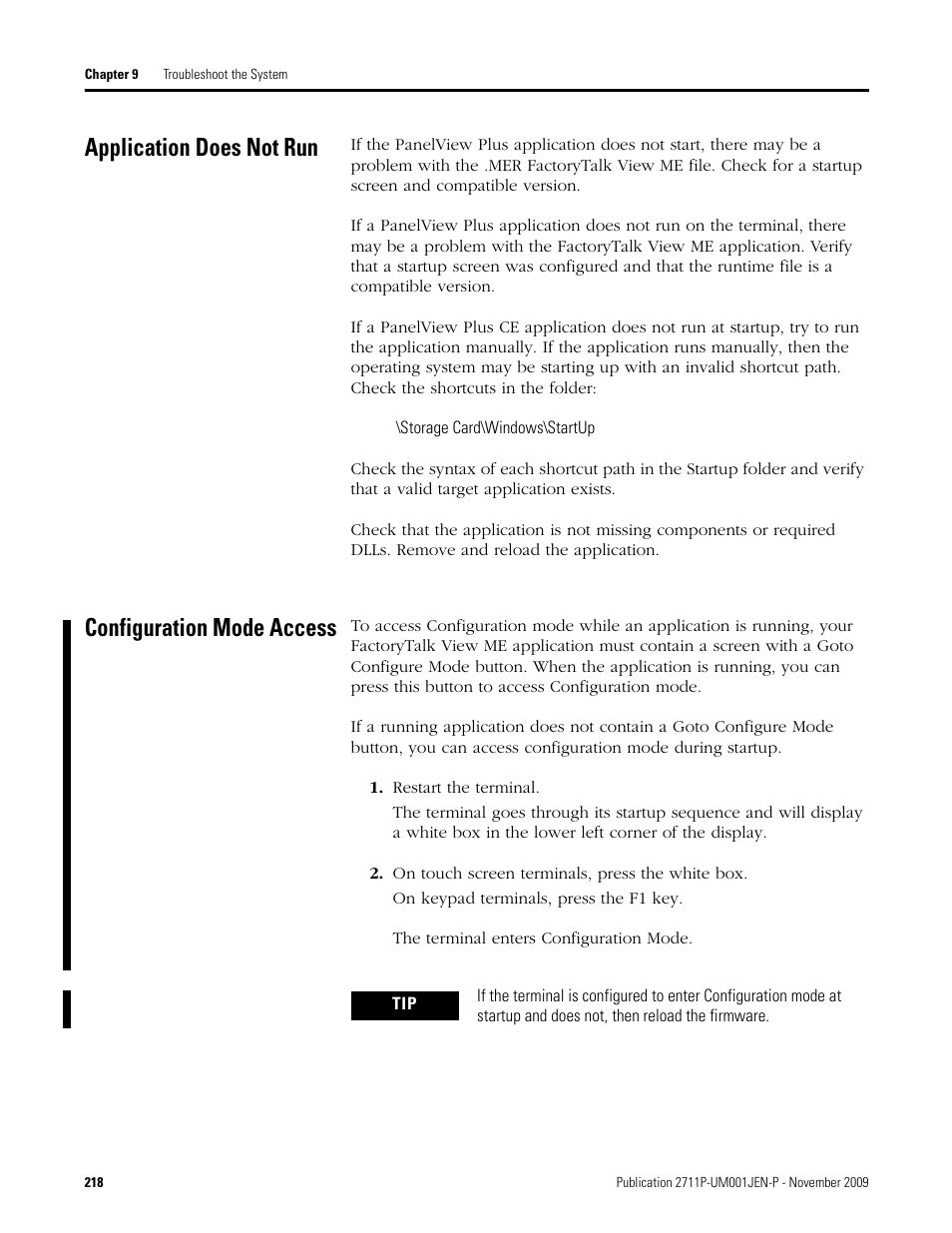 Application does not run, Configuration mode access, Restart the terminal | On touch screen terminals, press the white box, Application does not run configuration mode access | Rockwell Automation 2711P PanelView Plus Terminal User Manual User Manual | Page 218 / 246