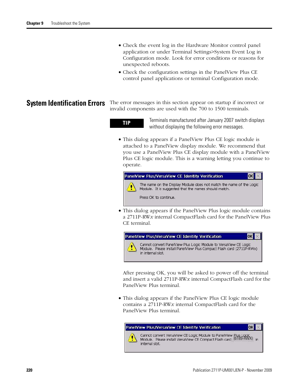 System identification errors | Rockwell Automation 2711P PanelView Plus Terminal User Manual User Manual | Page 220 / 246