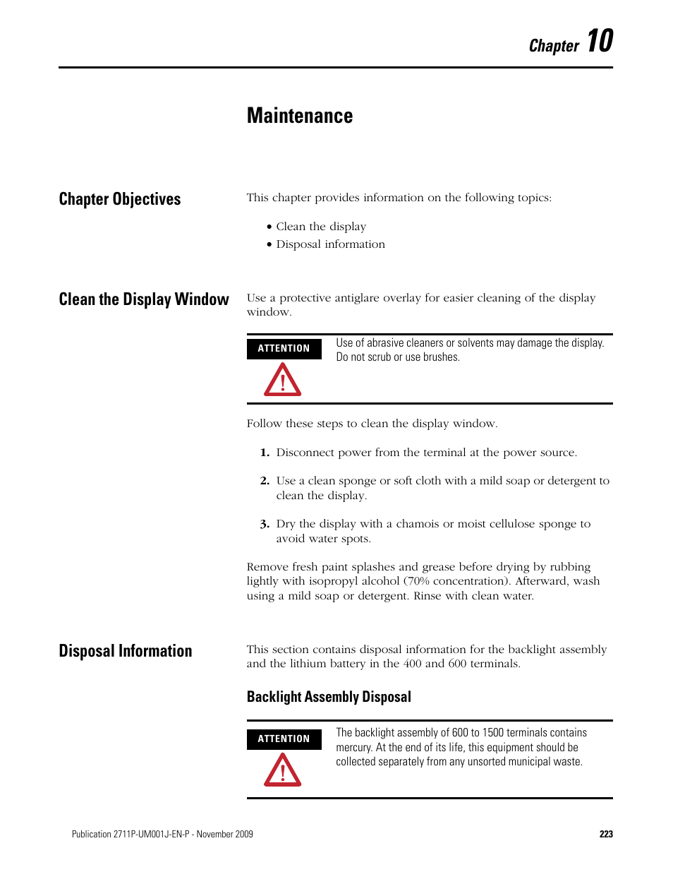 10 - maintenance, Maintenance, Chapter objectives | Clean the display window, Disposal information, Backlight assembly disposal, Chapter 10, Chapter | Rockwell Automation 2711P PanelView Plus Terminal User Manual User Manual | Page 223 / 246