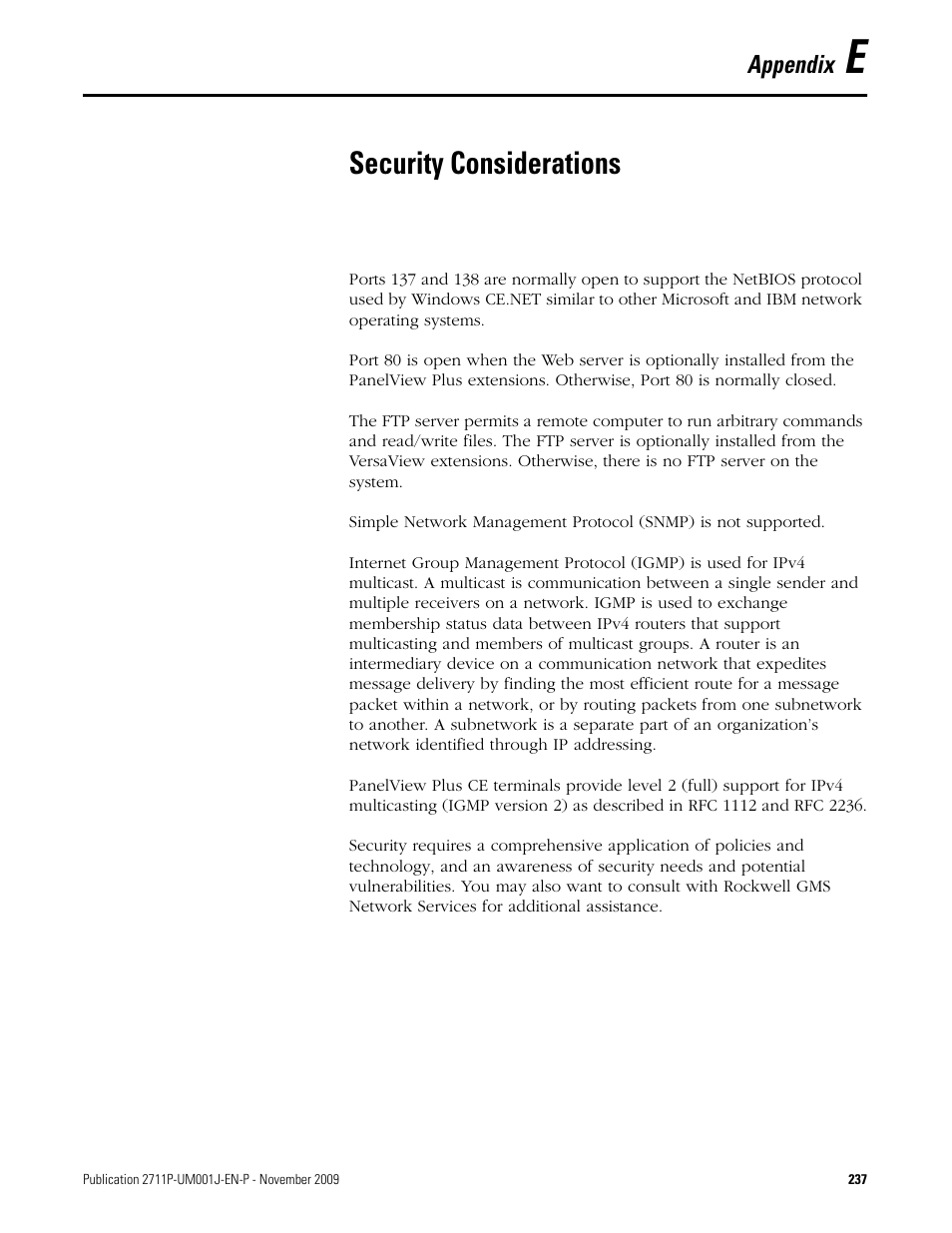 E - security considerations, Security considerations, Appendix e | Rockwell Automation 2711P PanelView Plus Terminal User Manual User Manual | Page 237 / 246