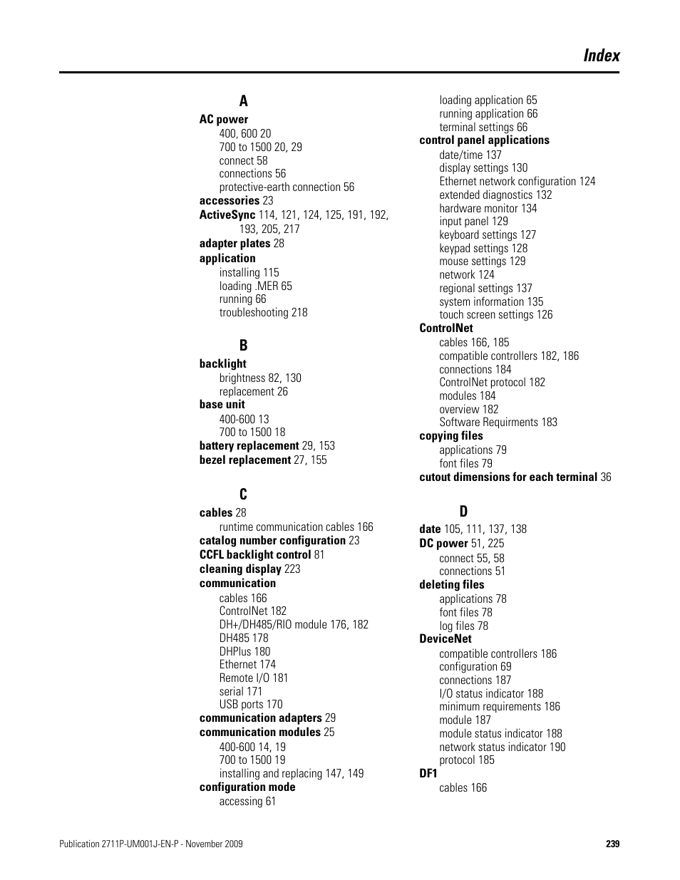 Index | Rockwell Automation 2711P PanelView Plus Terminal User Manual User Manual | Page 239 / 246