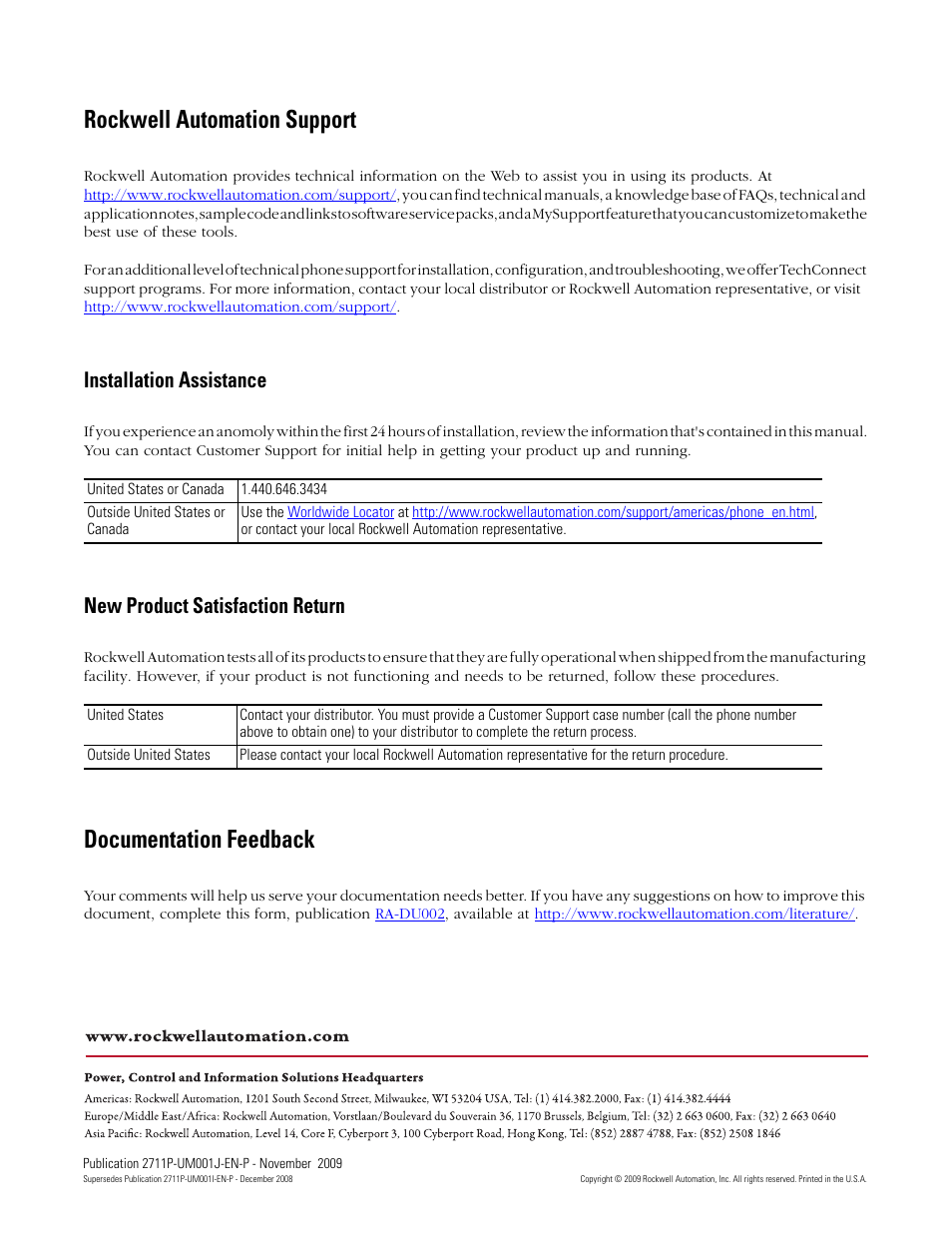 Back cover, Rockwell automation support, Documentation feedback | Installation assistance, New product satisfaction return | Rockwell Automation 2711P PanelView Plus Terminal User Manual User Manual | Page 244 / 246