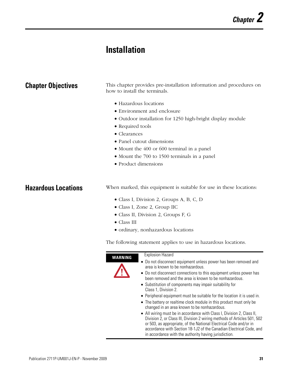 2 - installation, Installation, Chapter objectives | Hazardous locations, Chapter 2, Chapter objectives hazardous locations, Chapter | Rockwell Automation 2711P PanelView Plus Terminal User Manual User Manual | Page 31 / 246