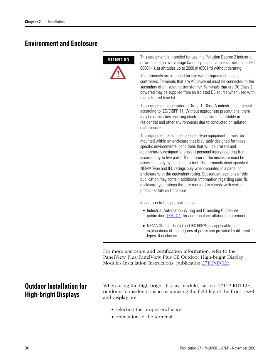 Environment and enclosure, Outdoor installation for high-bright displays | Rockwell Automation 2711P PanelView Plus Terminal User Manual User Manual | Page 34 / 246