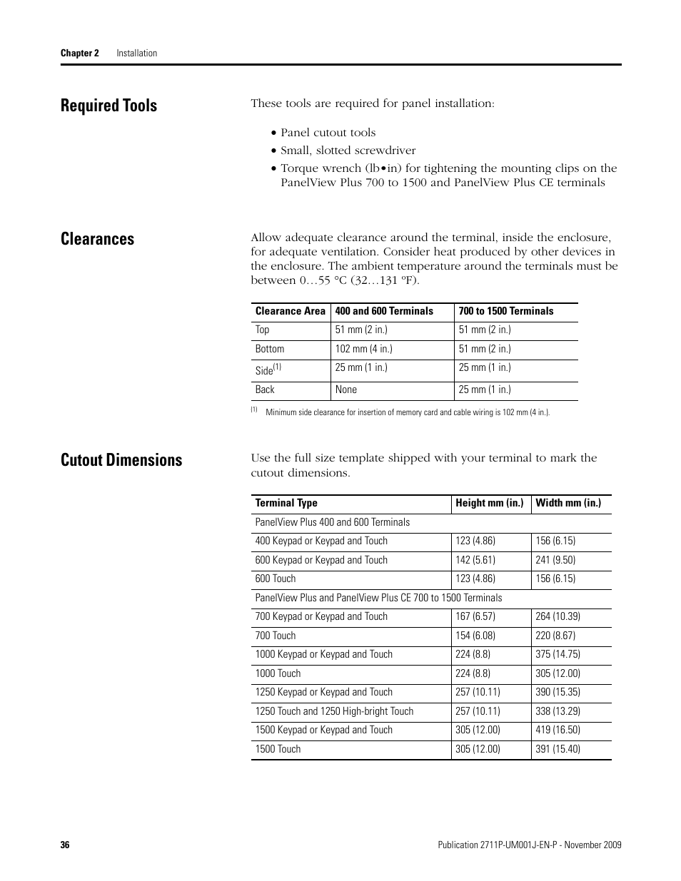 Required tools, Clearances, Cutout dimensions | Required tools clearances cutout dimensions | Rockwell Automation 2711P PanelView Plus Terminal User Manual User Manual | Page 36 / 246