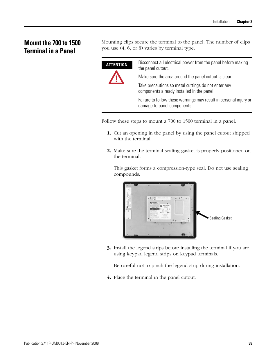 Mount the 700 to 1500 terminal in a panel, Place the terminal in the panel cutout | Rockwell Automation 2711P PanelView Plus Terminal User Manual User Manual | Page 39 / 246