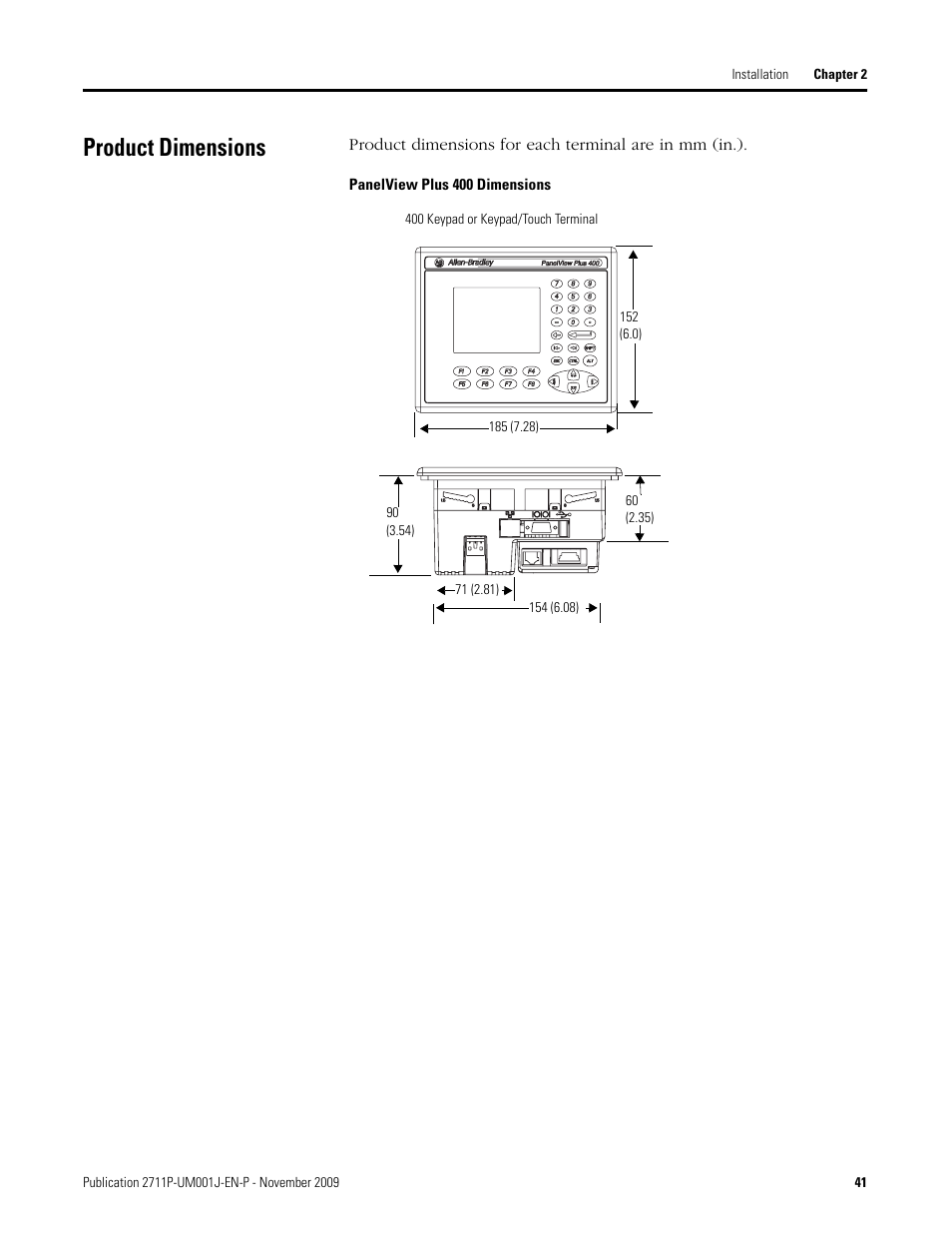 Product dimensions | Rockwell Automation 2711P PanelView Plus Terminal User Manual User Manual | Page 41 / 246