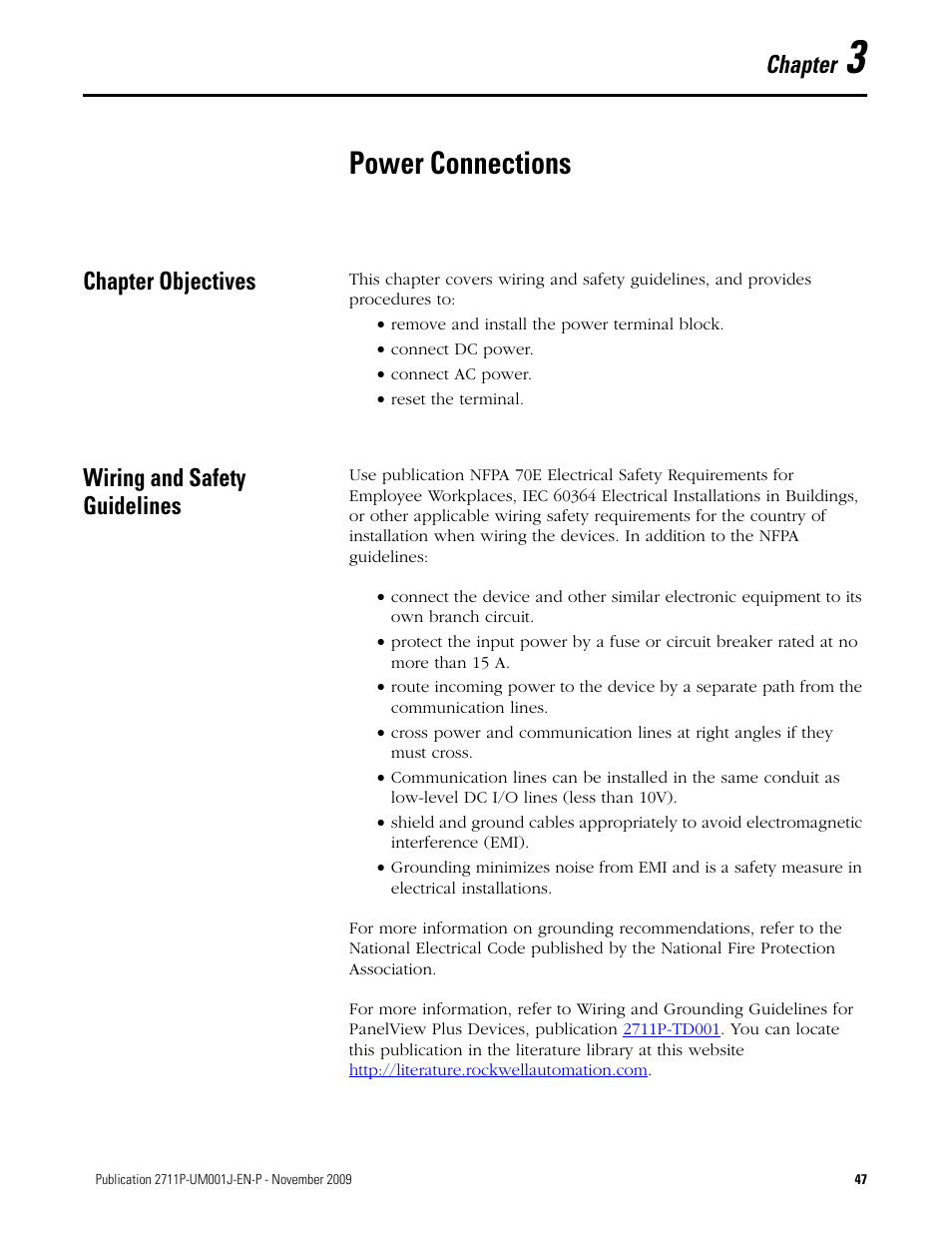 3 - power connections, Power connections, Chapter objectives | Wiring and safety guidelines, Chapter 3, Chapter objectives wiring and safety guidelines, Chapter | Rockwell Automation 2711P PanelView Plus Terminal User Manual User Manual | Page 47 / 246