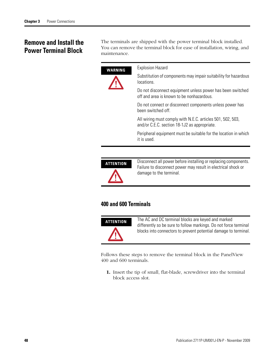 Remove and install the power terminal block, 400 and 600 terminals | Rockwell Automation 2711P PanelView Plus Terminal User Manual User Manual | Page 48 / 246