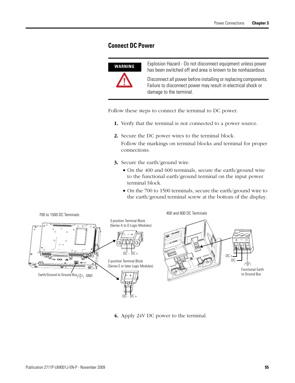 Connect dc power, Secure the dc power wires to the terminal block, Secure the earth/ground wire | Apply 24v dc power to the terminal | Rockwell Automation 2711P PanelView Plus Terminal User Manual User Manual | Page 55 / 246