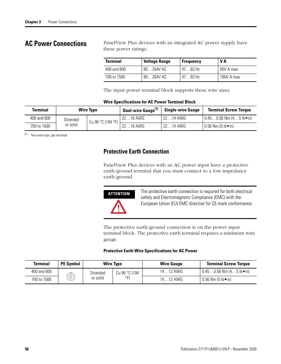 Ac power connections, Protective earth connection | Rockwell Automation 2711P PanelView Plus Terminal User Manual User Manual | Page 56 / 246