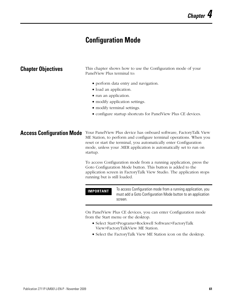 4 - configuration mode, Configuration mode, Chapter objectives | Access configuration mode, Chapter 4, Chapter objectives access configuration mode, Chapter | Rockwell Automation 2711P PanelView Plus Terminal User Manual User Manual | Page 61 / 246