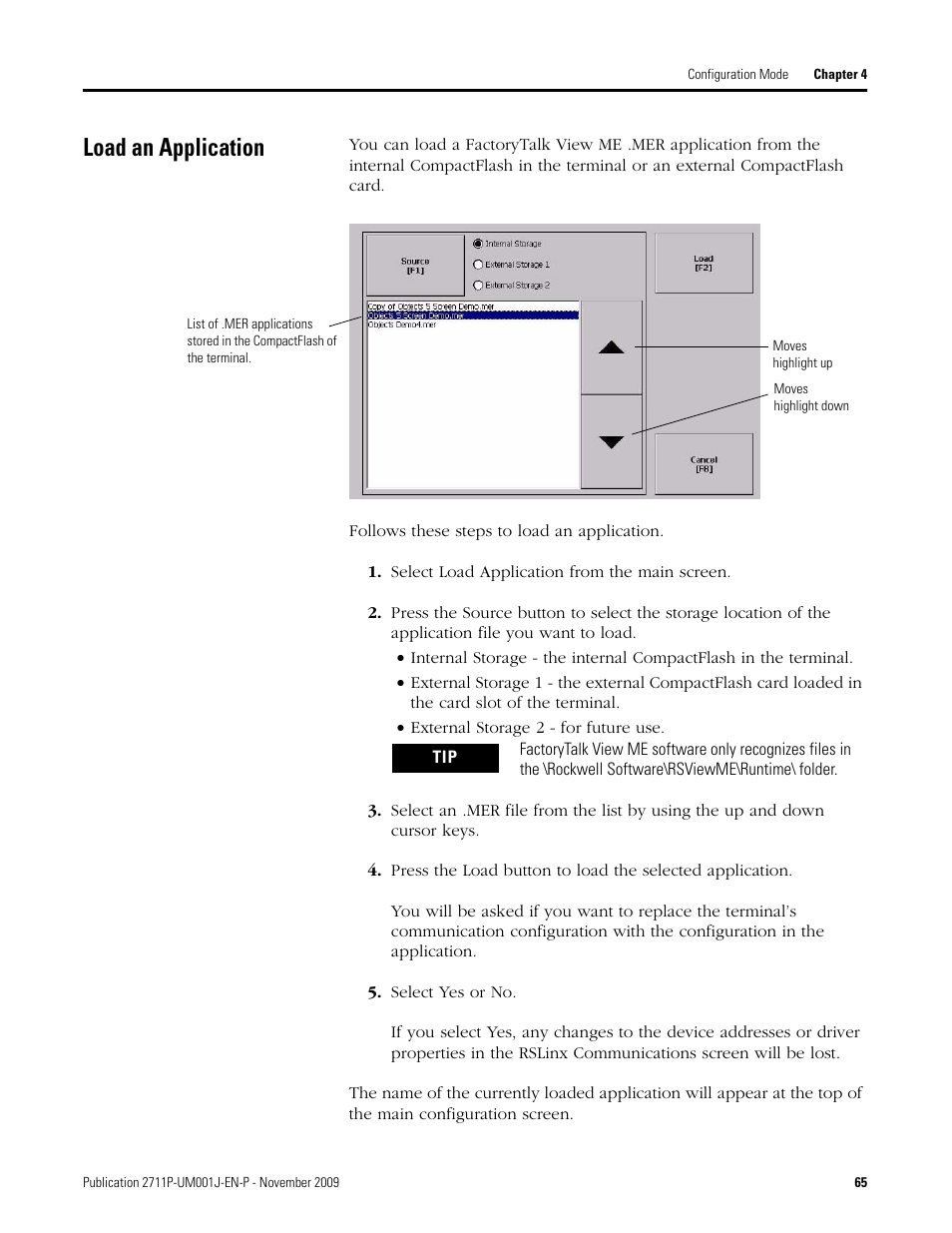 Load an application, Select load application from the main screen, Select yes or no | Rockwell Automation 2711P PanelView Plus Terminal User Manual User Manual | Page 65 / 246