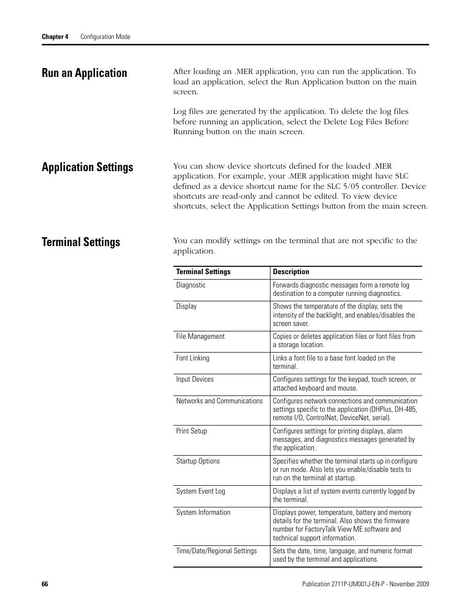 Run an application, Application settings, Terminal settings | Rockwell Automation 2711P PanelView Plus Terminal User Manual User Manual | Page 66 / 246