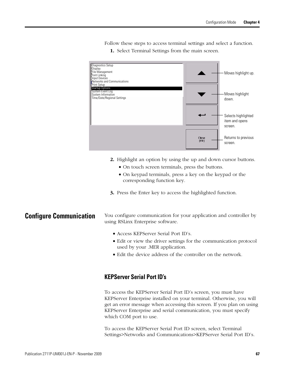 Select terminal settings from the main screen, Configure communication, Kepserver serial port id’s | Rockwell Automation 2711P PanelView Plus Terminal User Manual User Manual | Page 67 / 246