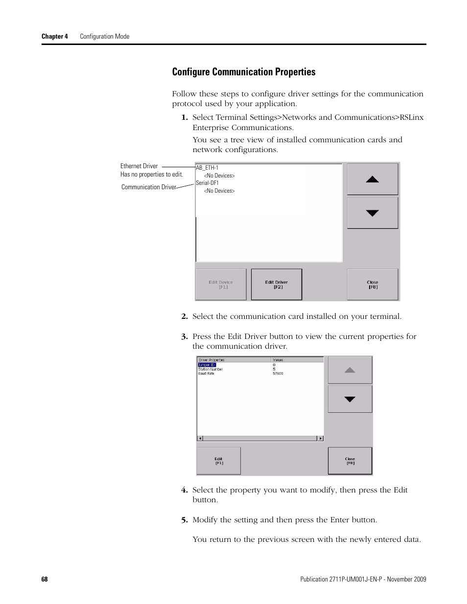 Configure communication properties, Modify the setting and then press the enter button | Rockwell Automation 2711P PanelView Plus Terminal User Manual User Manual | Page 68 / 246