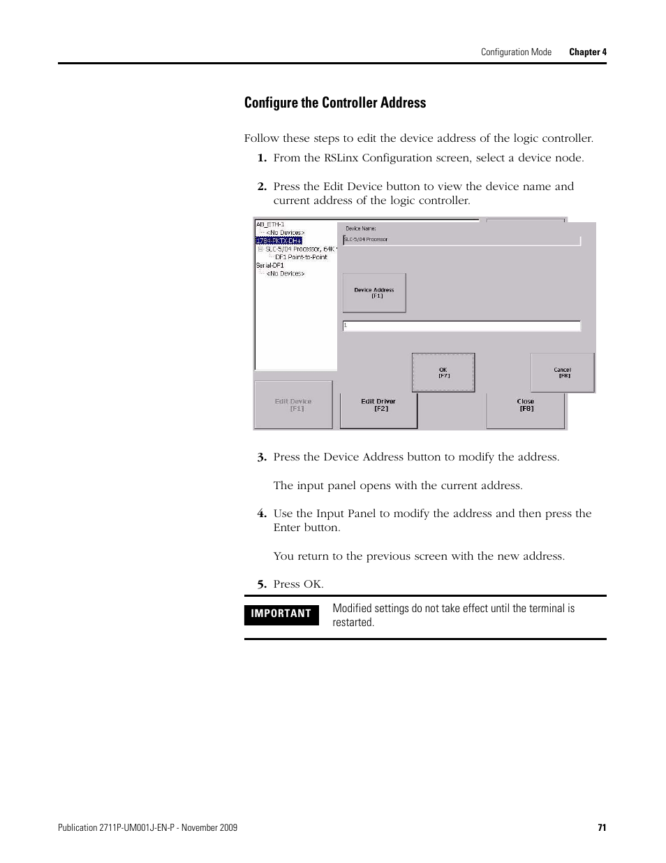 Configure the controller address, Press ok | Rockwell Automation 2711P PanelView Plus Terminal User Manual User Manual | Page 71 / 246