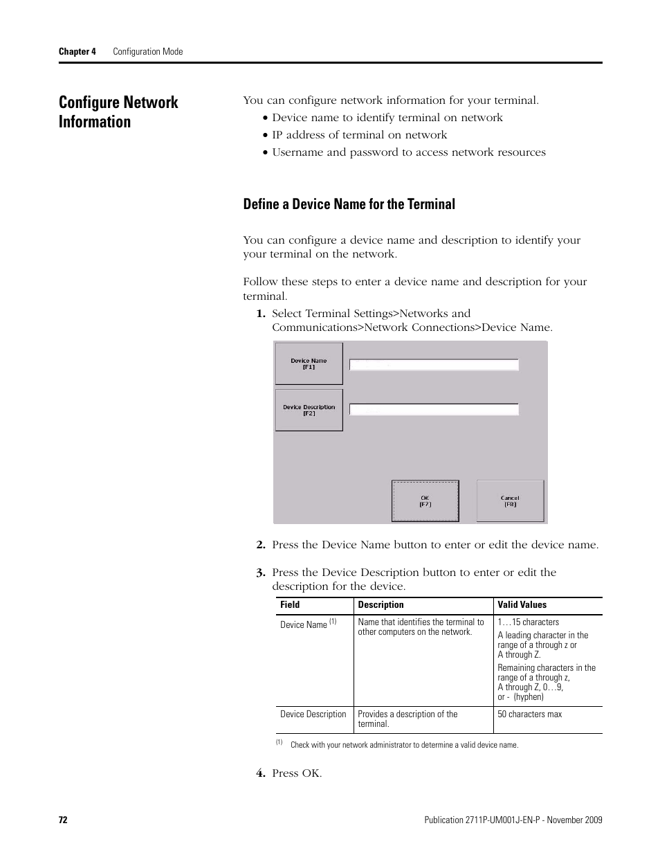 Configure network information, Define a device name for the terminal, Press ok | Rockwell Automation 2711P PanelView Plus Terminal User Manual User Manual | Page 72 / 246