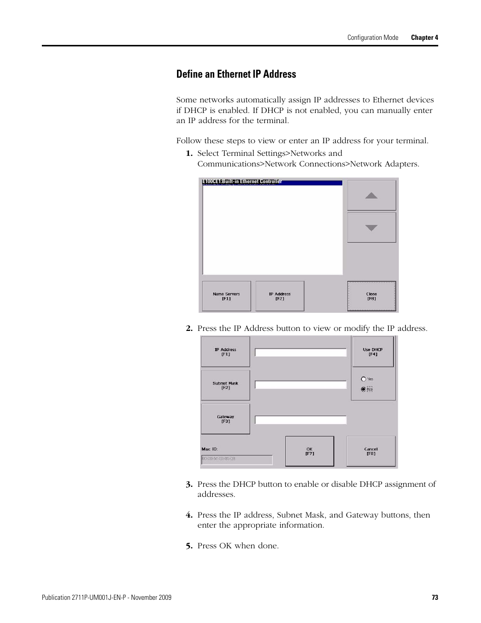 Define an ethernet ip address, Press ok when done | Rockwell Automation 2711P PanelView Plus Terminal User Manual User Manual | Page 73 / 246