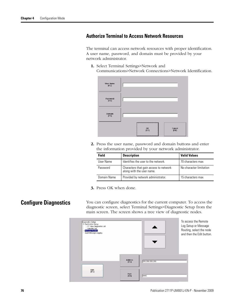 Authorize terminal to access network resources, Press ok when done, Configure diagnostics | Rockwell Automation 2711P PanelView Plus Terminal User Manual User Manual | Page 76 / 246