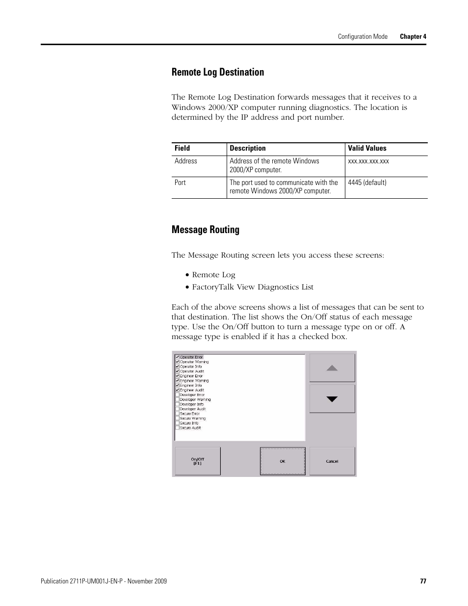 Remote log destination, Message routing | Rockwell Automation 2711P PanelView Plus Terminal User Manual User Manual | Page 77 / 246