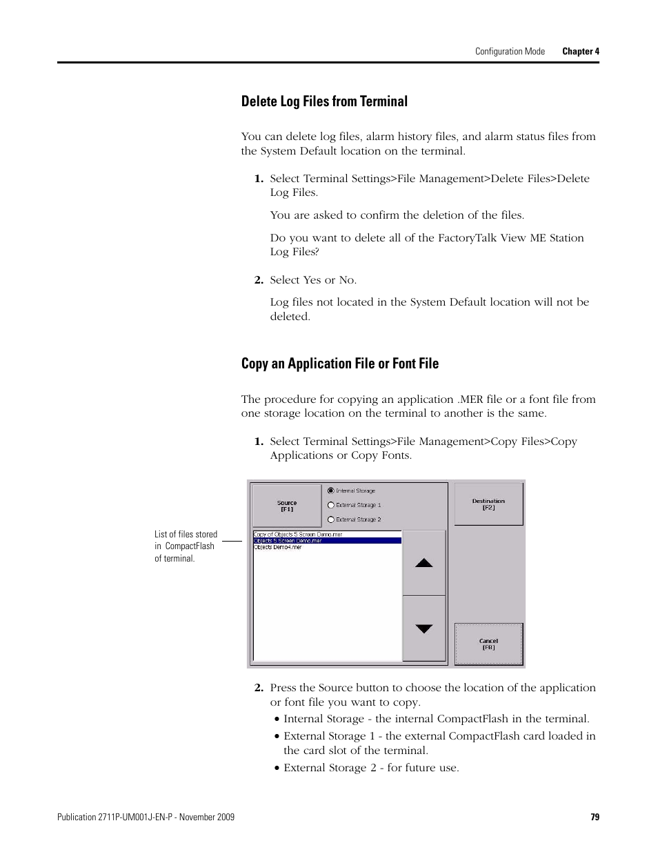 Delete log files from terminal, Select yes or no, Copy an application file or font file | Rockwell Automation 2711P PanelView Plus Terminal User Manual User Manual | Page 79 / 246