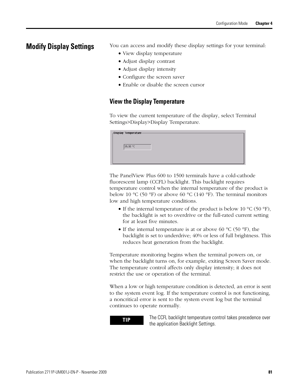 Modify display settings, View the display temperature | Rockwell Automation 2711P PanelView Plus Terminal User Manual User Manual | Page 81 / 246