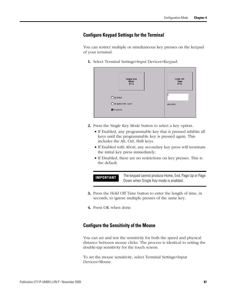 Configure keypad settings for the terminal, Select terminal settings>input devices>keypad, Press ok when done | Configure the sensitivity of the mouse | Rockwell Automation 2711P PanelView Plus Terminal User Manual User Manual | Page 87 / 246