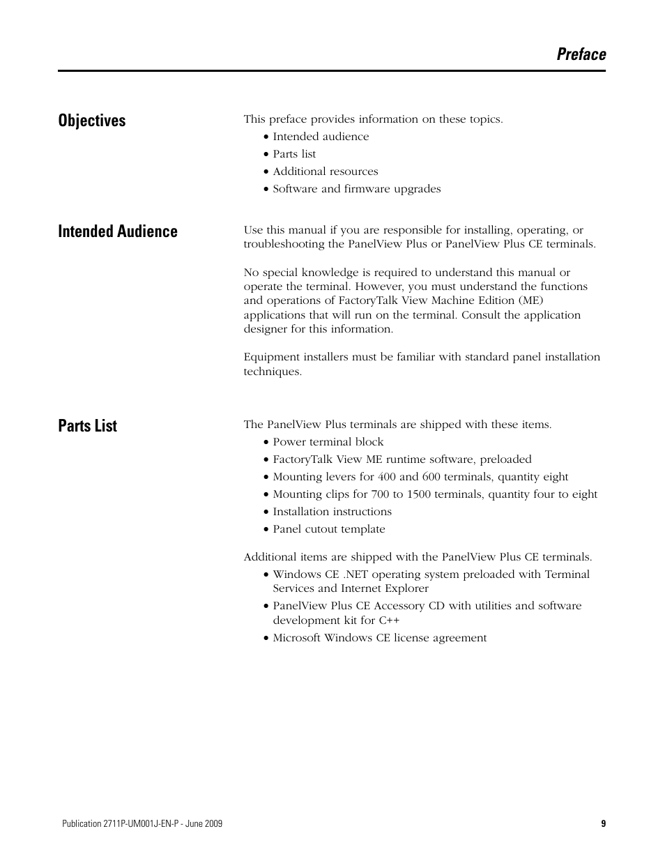 Preface, Objectives, Intended audience | Parts list, Objectives intended audience parts list, Preface objectives | Rockwell Automation 2711P PanelView Plus Terminal User Manual User Manual | Page 9 / 246