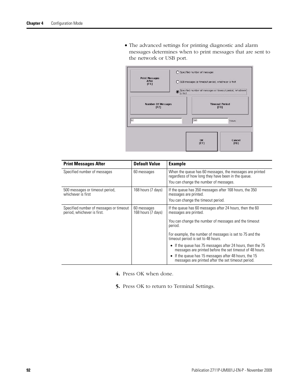 Press ok when done, Press ok to return to terminal settings | Rockwell Automation 2711P PanelView Plus Terminal User Manual User Manual | Page 92 / 246